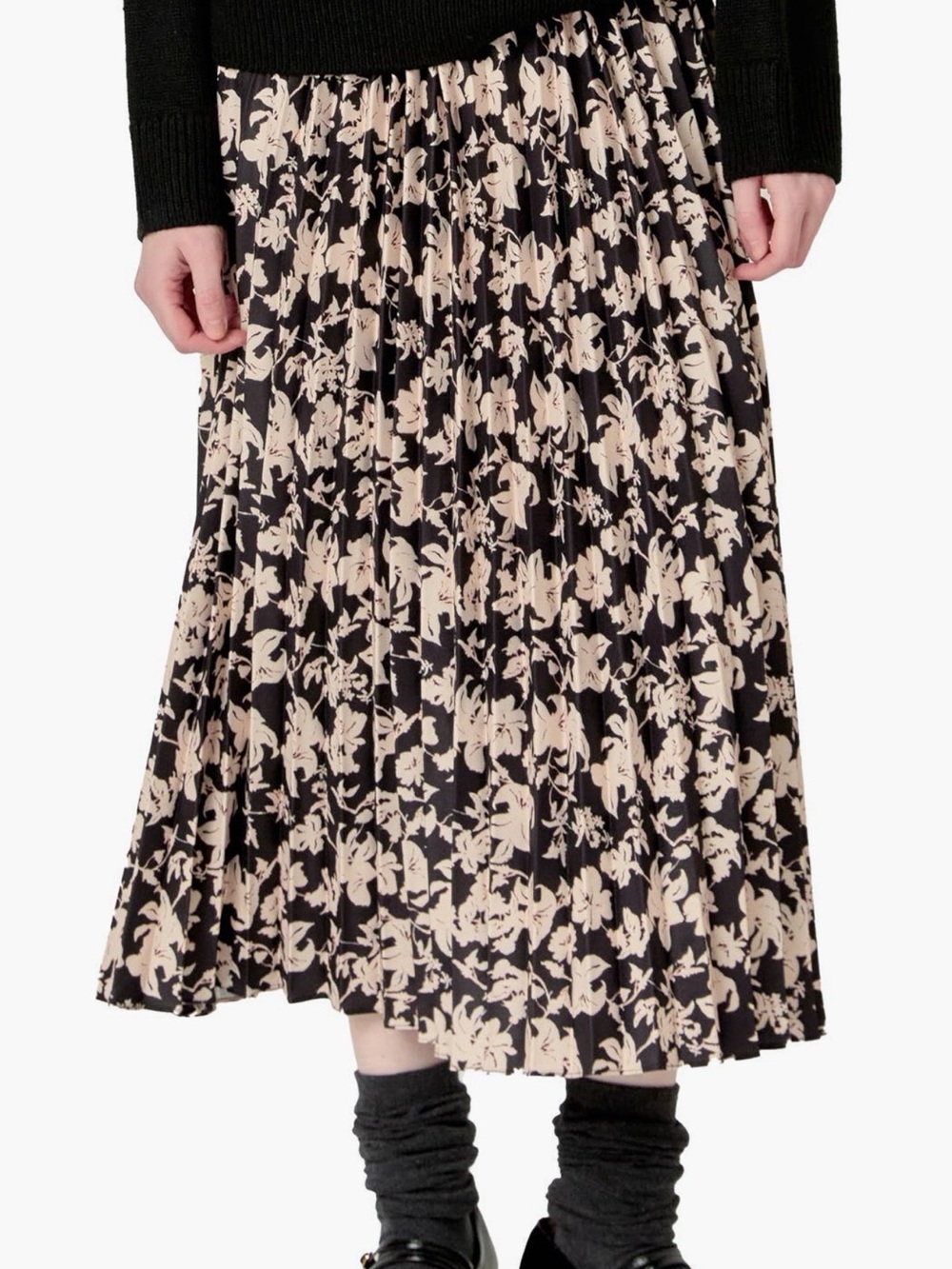 English Factory Black Pleated Maxi Skirt with Cream Floral Print NWOT